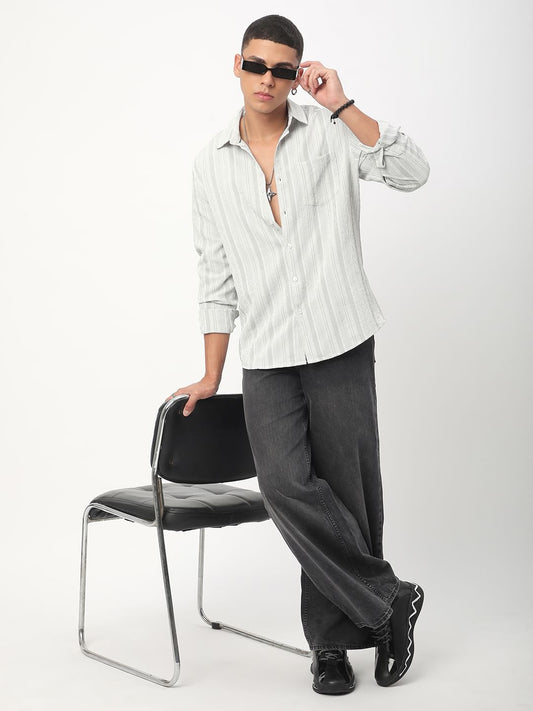 Sage Green & White Striped Creased Shirt