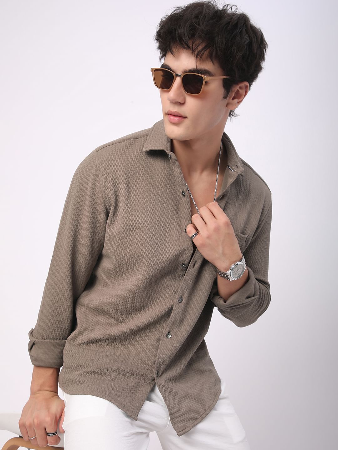 Meticulous Peanut Brown Jacquard Shirt