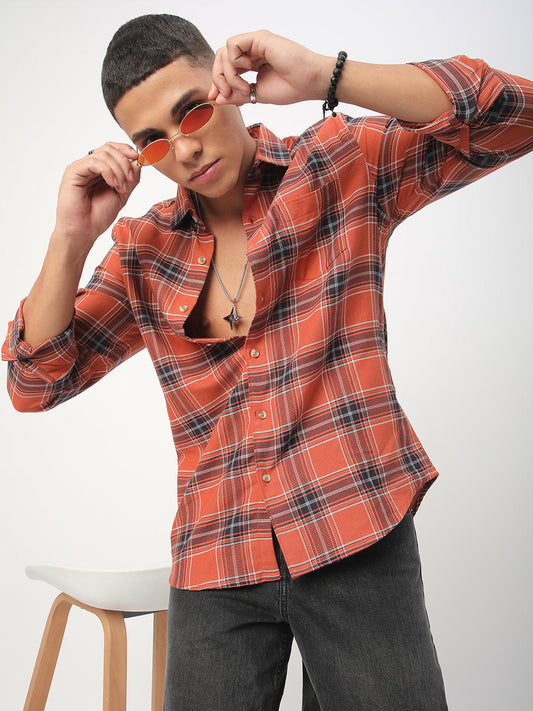 Premium Cotton Fiery Tangerine Checkered Shirt