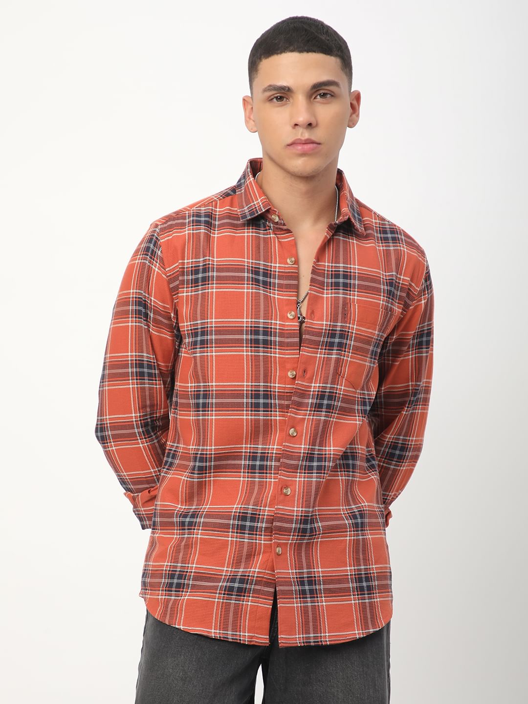 Premium Cotton Fiery Tangerine Checkered Shirt