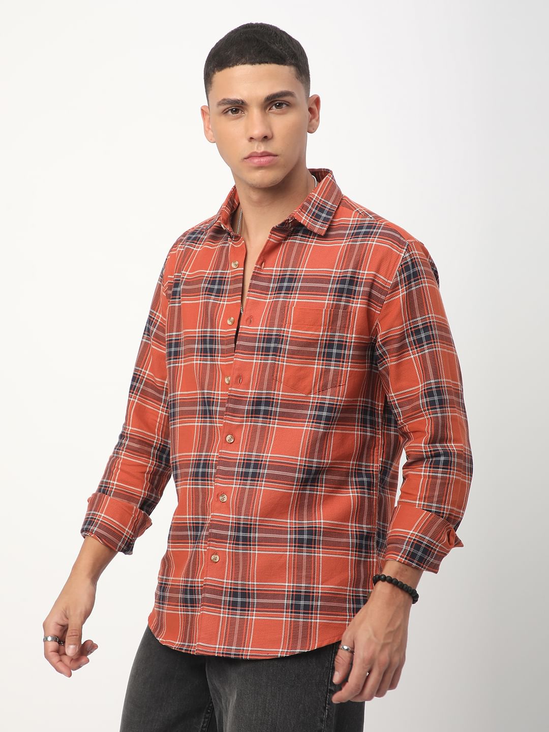 Premium Cotton Fiery Tangerine Checkered Shirt