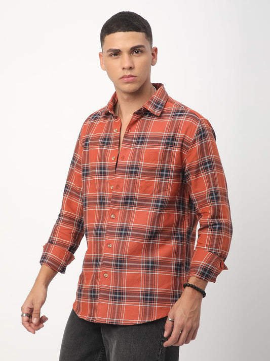 Premium Cotton Fiery Tangerine Checkered Shirt