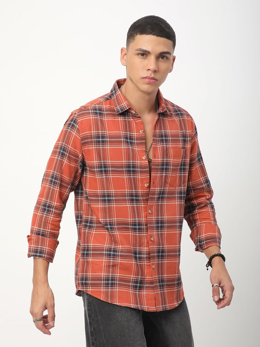 Premium Cotton Fiery Tangerine Checkered Shirt