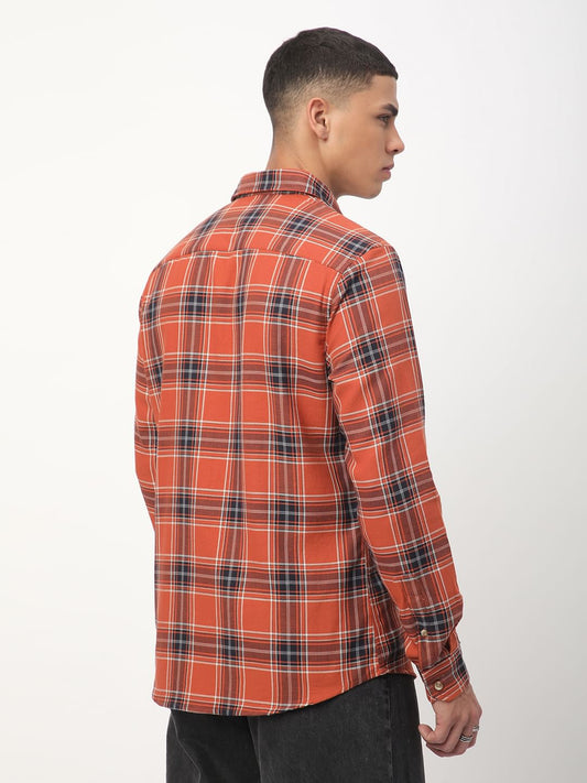 Premium Cotton Fiery Tangerine Checkered Shirt