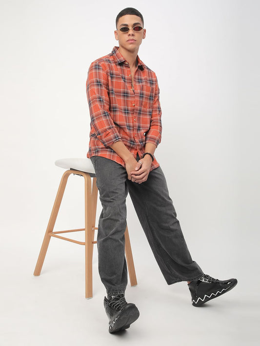 Premium Cotton Fiery Tangerine Checkered Shirt