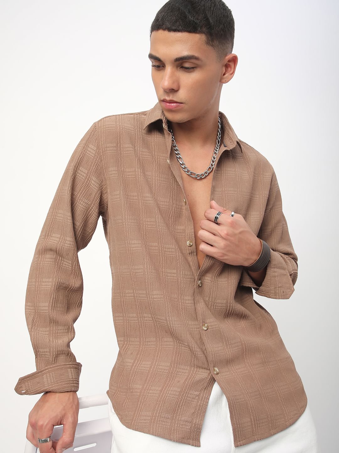 Tawny Brown Textured Creased Shirt
