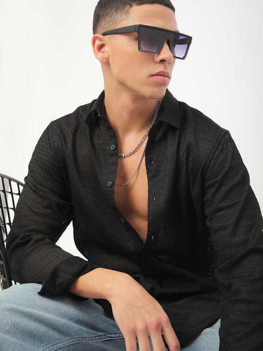 Intense Black Wavy Textured Shirt