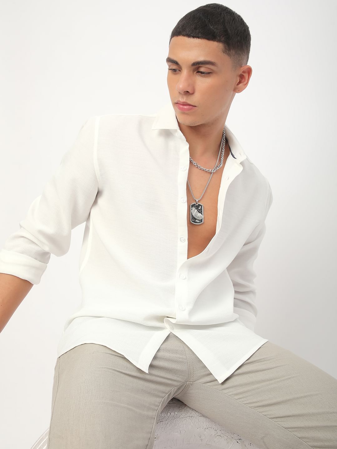 Vintage Solid White Linen Shirt