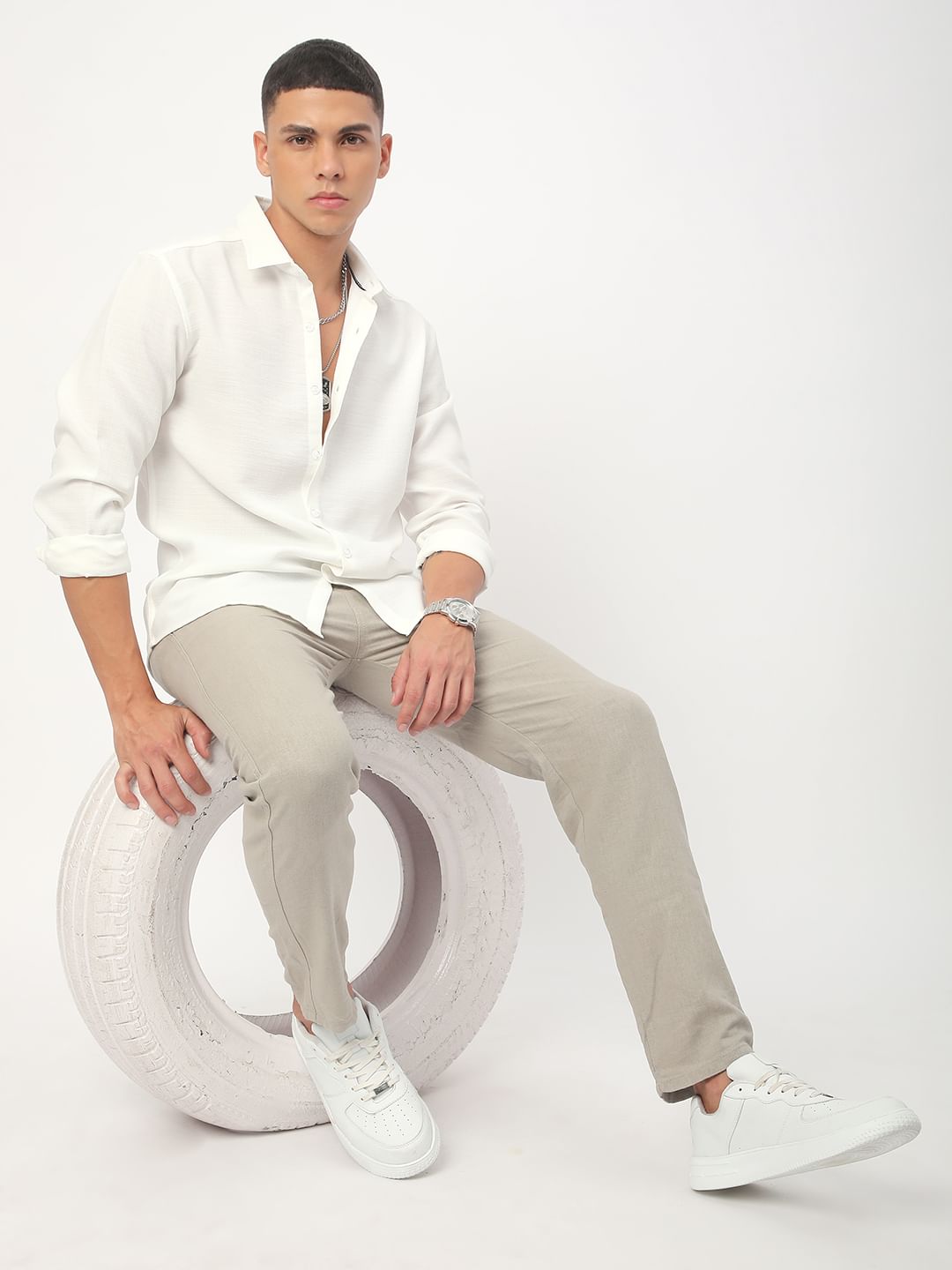 Vintage Solid White Linen Shirt