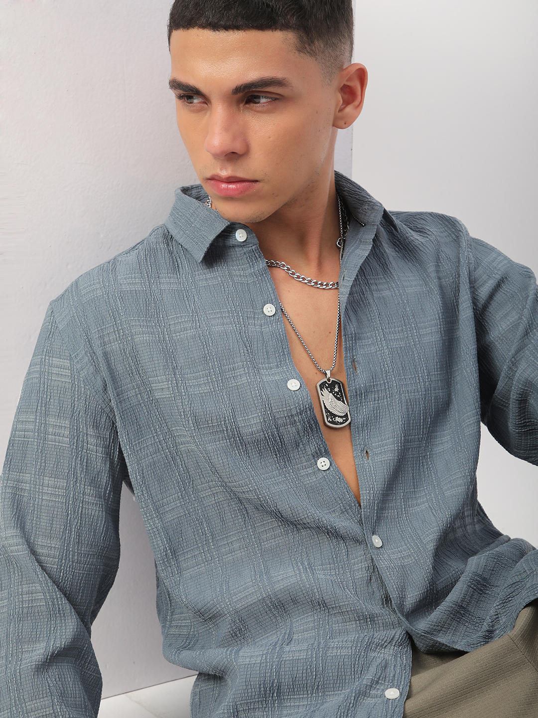 Silver Grey Textured Creased Shirt