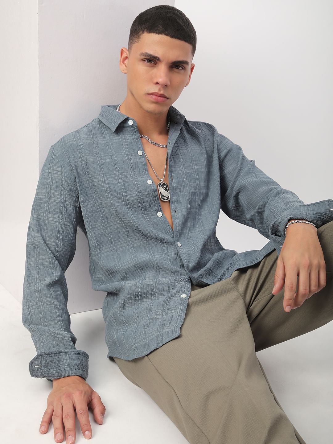 Silver Grey Textured Creased Shirt