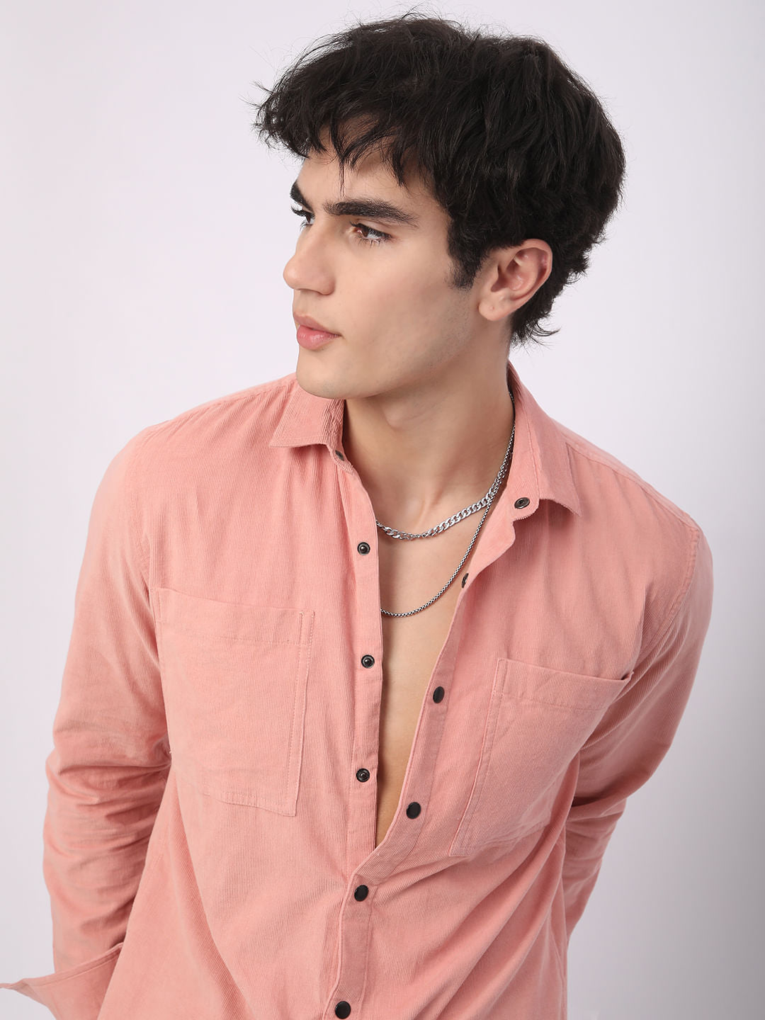Voguish Peachy Pink Double Pocket Corduroy Overshirt