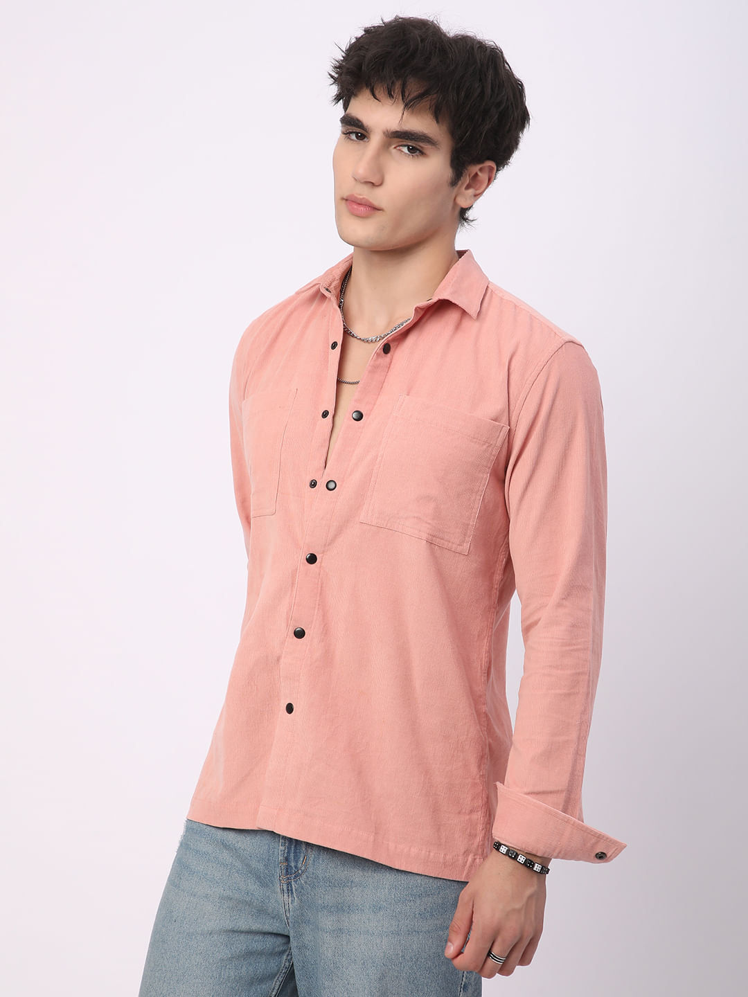 Voguish Peachy Pink Double Pocket Corduroy Overshirt