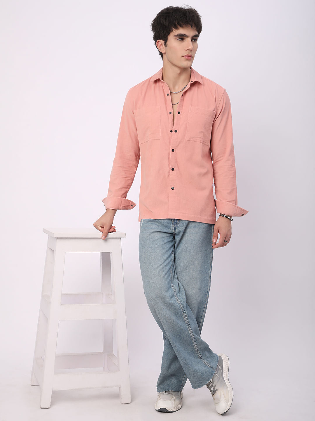 Voguish Peachy Pink Double Pocket Corduroy Overshirt