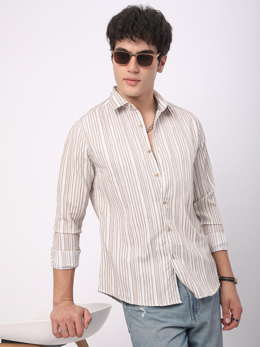 White & Beige Creased Stripe Shirt