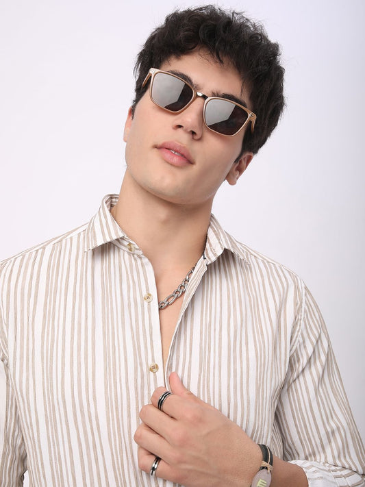 White & Beige Creased Stripe Shirt