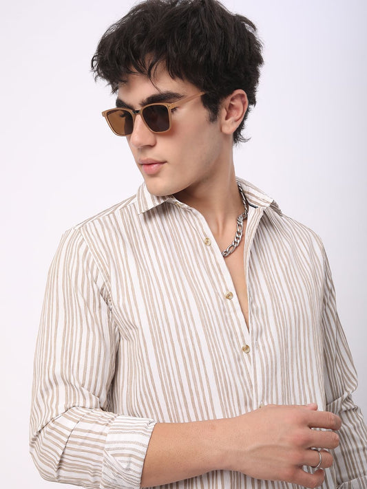 White & Beige Creased Stripe Shirt