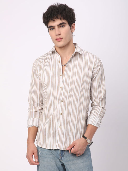 White & Beige Creased Stripe Shirt