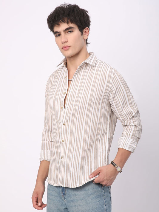 White & Beige Creased Stripe Shirt
