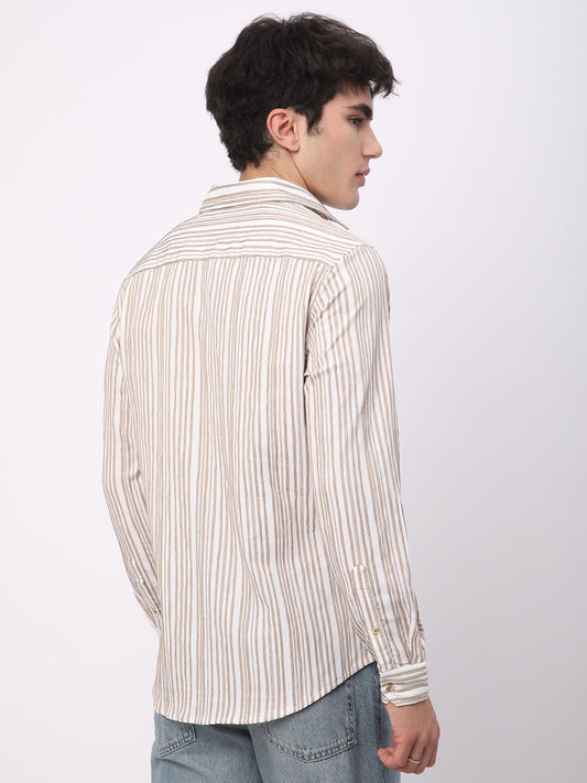 White & Beige Creased Stripe Shirt