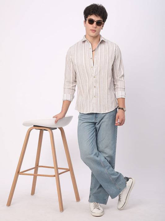 White & Beige Creased Stripe Shirt