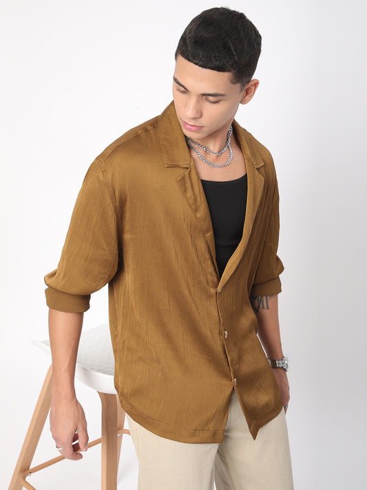 Glinty Tawny Brown Notched Lapel Collar Creased Oversized Shirt
