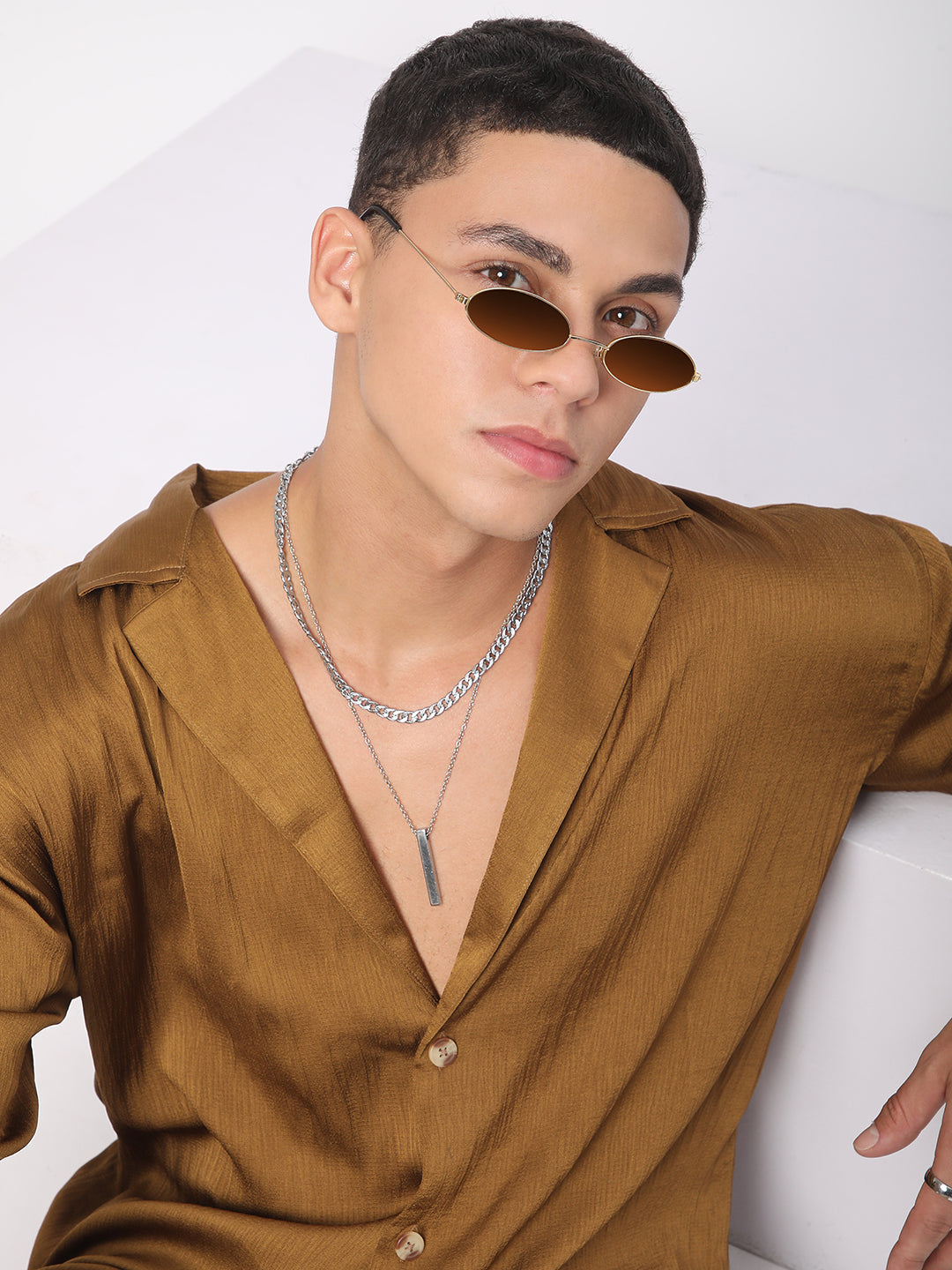 Glinty Tawny Brown Notched Lapel Collar Creased Oversized Shirt