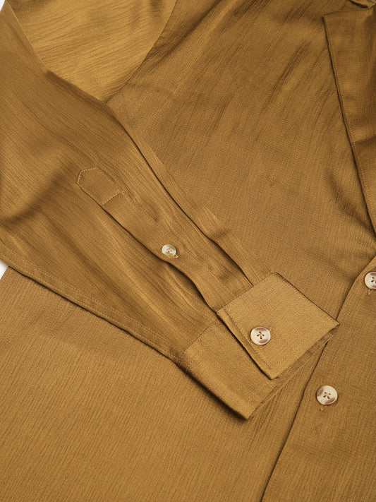 Glinty Tawny Brown Notched Lapel Collar Creased Oversized Shirt