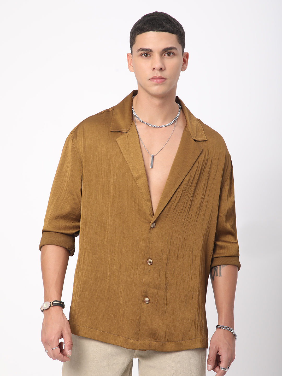 Glinty Tawny Brown Notched Lapel Collar Creased Oversized Shirt