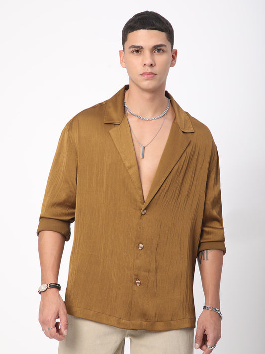 Glinty Tawny Brown Notched Lapel Collar Creased Oversized Shirt