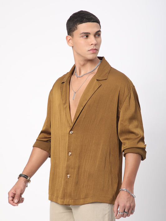 Glinty Tawny Brown Notched Lapel Collar Creased Oversized Shirt