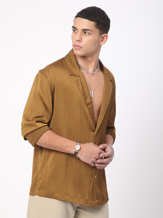 Glinty Tawny Brown Notched Lapel Collar Creased Oversized Shirt