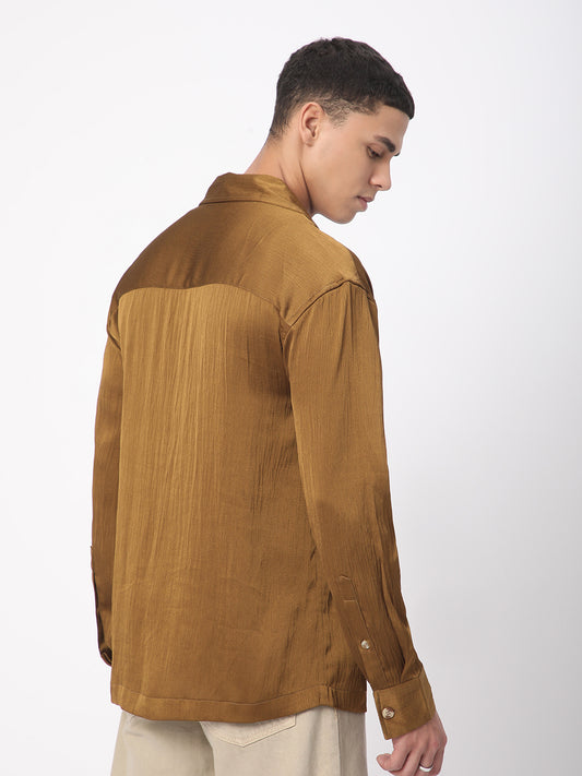 Glinty Tawny Brown Notched Lapel Collar Creased Oversized Shirt