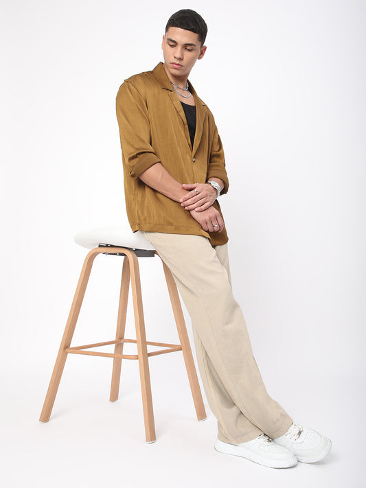 Glinty Tawny Brown Notched Lapel Collar Creased Oversized Shirt