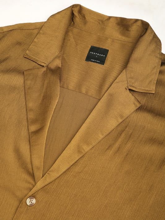 Glinty Tawny Brown Notched Lapel Collar Creased Oversized Shirt