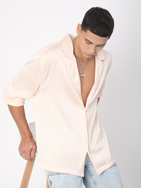 Glinty Cream Notched Lapel Collar Creased Oversized Shirt