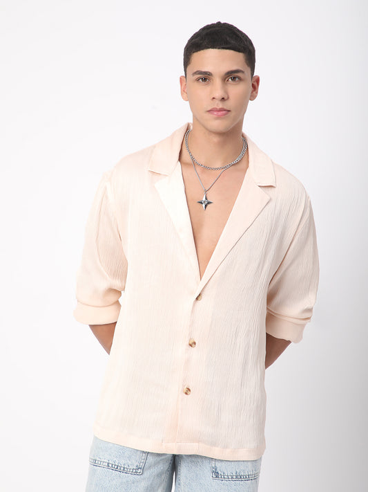 Glinty Cream Notched Lapel Collar Creased Oversized Shirt