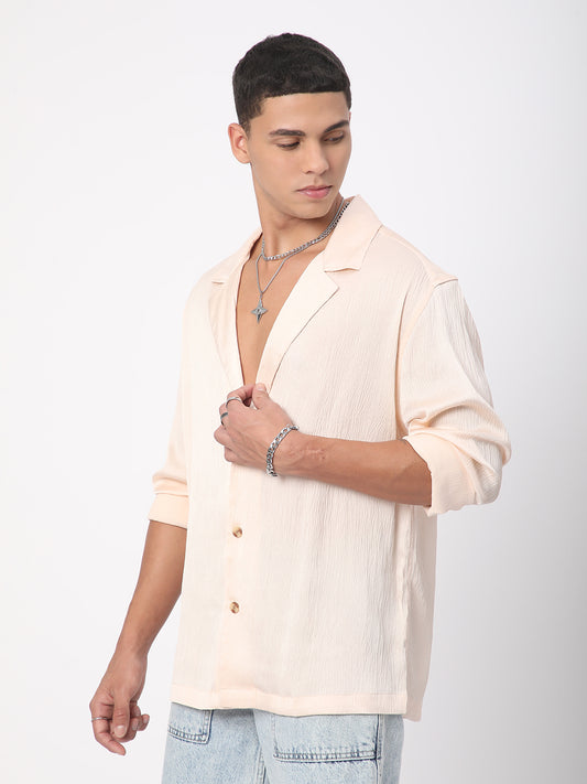 Glinty Cream Notched Lapel Collar Creased Oversized Shirt