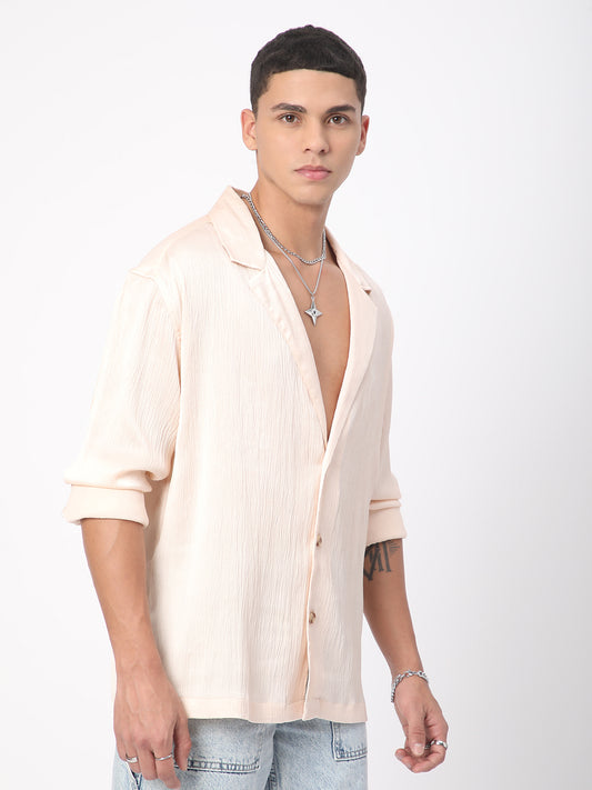 Glinty Cream Notched Lapel Collar Creased Oversized Shirt