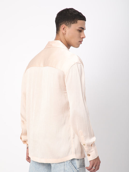 Glinty Cream Notched Lapel Collar Creased Oversized Shirt