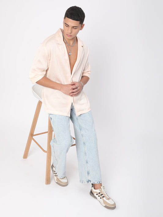 Glinty Cream Notched Lapel Collar Creased Oversized Shirt
