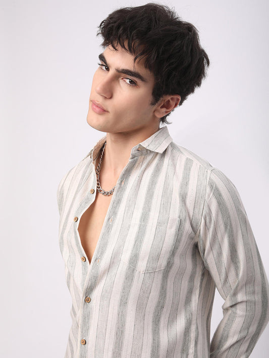 Olive & White Broad Striped Linen Shirt