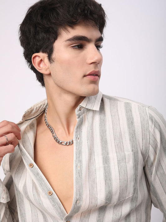Olive & White Broad Striped Linen Shirt