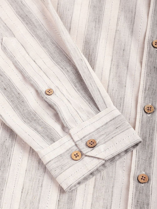Olive & White Broad Striped Linen Shirt