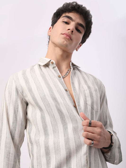 Olive & White Broad Striped Linen Shirt
