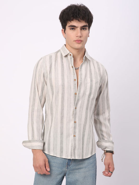 Olive & White Broad Striped Linen Shirt