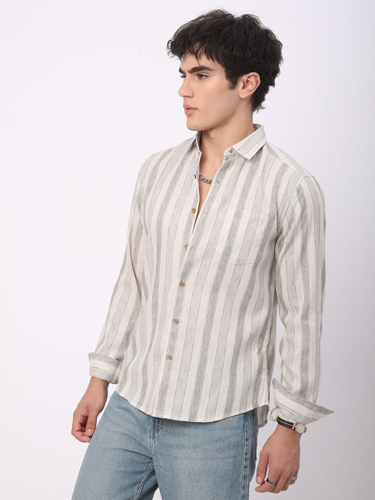 Olive & White Broad Striped Linen Shirt