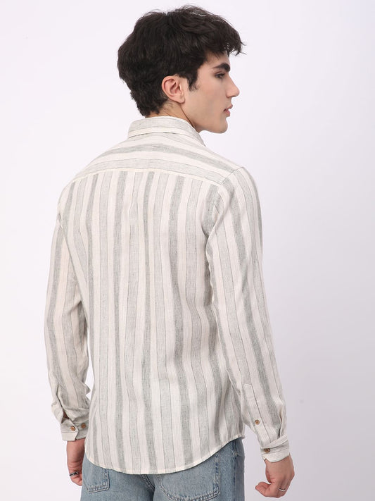 Olive & White Broad Striped Linen Shirt