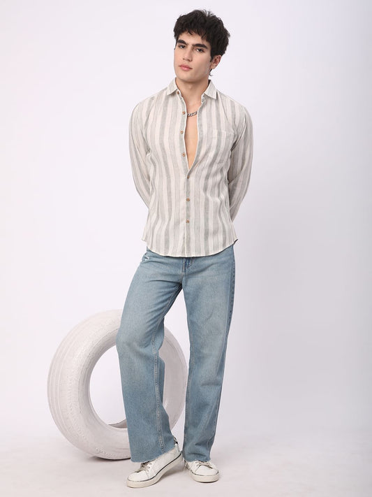 Olive & White Broad Striped Linen Shirt