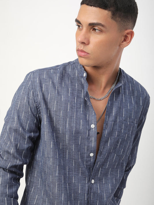 Midnight Blue Dobby Striped Mandarin Shirt
